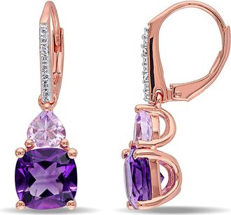 Amour 4 1/3 CT TGW Amethyst, Rose De France and Diamond Leverback Earrings In Rose Plated Sterling Silver
