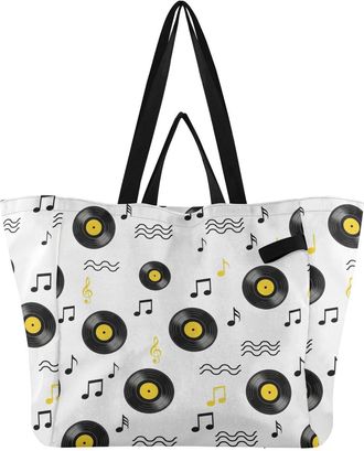 Generic Music White print Reusable Canvas Tote Bag, Heavy Duty Grocery Shopping Bag with Hard Bottom Double Handles Large Capacity Work Groceries Travel