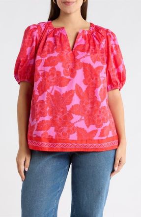 Sugarlips Rency Floral Gily Puff Sleeve Cotton Top in Fuchsia-Red at Nordstrom, Size 2 X