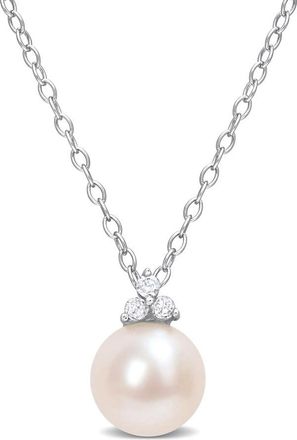 Amour 8-8.5mm Freshwater Cultured Pearl and Diamond Accent Pearl Pendant with Chain In Sterling Silver