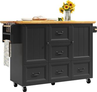 STILVORA Isla De Cocina Con 2 Puertas, 5 Cajones, Encimera Abatible, Ruedas Y Toallero, En Mdf Y Metal, Negro