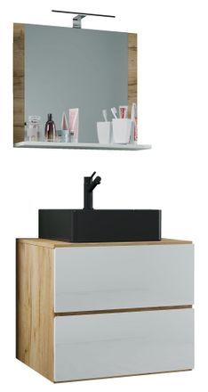 ebuy24 Ebuy24 - Vcm 3 Pcs Lavabo Lavabo Negro Gabinete Inferior Ancho 60 Cm Muebles De Ba&ntilde;o Con Cajones Espejo Lendas S Bl (roble Miel / Blanco)