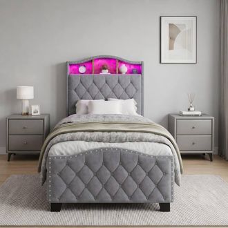 Merax 3ft Single Grey Velvet Upholstered Bed with Storage LED Headboard