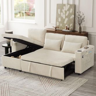 Matteo 3-in-1 Convertible Corduroy Sofa Bed with Reversible Storage Chaise in Beige