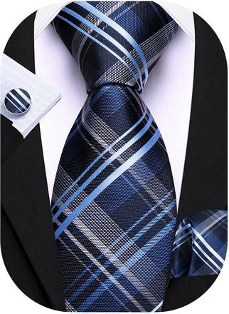 Barry.Wang Mens Blue Tie Silk Tartan Necktie Pocket Square Cufflinks Set Wedding Business