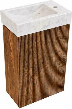 Saniclass Holz Atelier Toiletmeubelset - 40x60.5cm - 1 deur - fontein natuursteen marmer - kraangat rechts - walnut pure