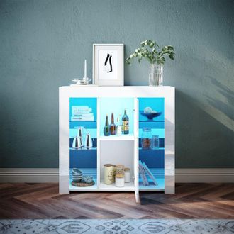 Sonni Credenza 1 Anta con LED Madia Moderna Soggiorno Mobiletto Cucina Scomparto Aperto Con Vetro Temperato Bianco 90x35x83cm
