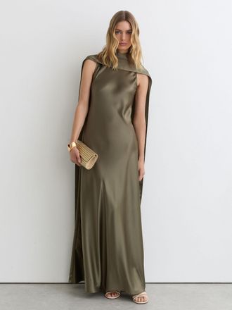 Reiss Khaki Green Satin Cape Maxi Dress, 18