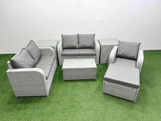Fimous High Back Poly Rattan Garden Furniture Set w/ Reclining Chair Loveseat Sofa Rectangular Coffee Table Indoor Outdoor Patio Set Big Stool 2 Side