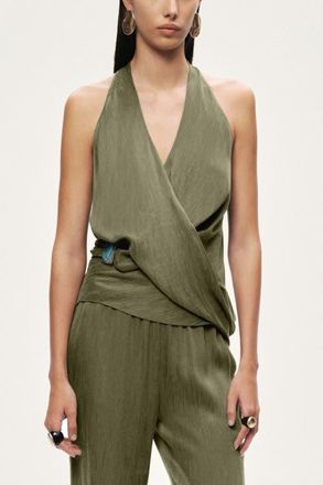 Nocturne Asymmetric Halter Wrap Top in Khaki at Nordstrom, Size X-Small Eu