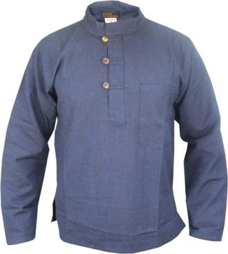 Gheri Mens Plain Cotton Hemp Grandad Collarless Pocket Kurtas Shirts Navy Blue XX-Large