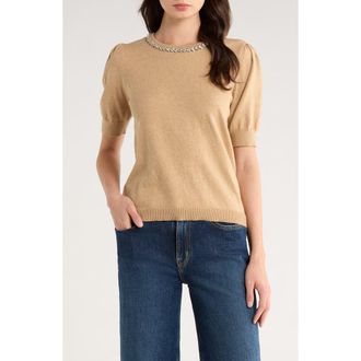 CeCe by Cynthia Steffe Embellished Collar Short Sleeve Sweater in Latte Heather at Nordstrom, Size X-Small