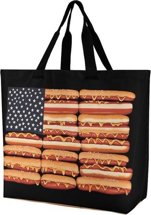 Generic Hot Dog U.S. Flag July 4th Tote Bag Reusable Grocery Shopping Bags Large Travel One Shoulder Handbag for Picnic Work