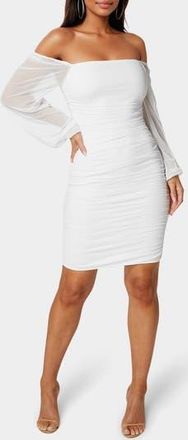 Bebe Ruched Off the Shoulder Long Sleeve Body-Con Dress in White at Nordstrom Rack, Size X-Large