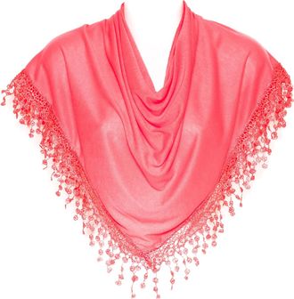 Hat To Socks Triangle Scarf with Bobbin Lace Fringes for Women (Coral Pink)