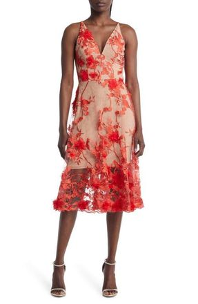 Dress The Population Audrey Embroidered Fit & Flare Dress in Poppy at Nordstrom, Size Xx-Small
