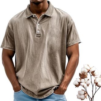 Generic Mens Shirts, 2025 Summer Mens Vintage Washed and Distressed Lapel Polo Shirt, Pure Cotton (Khaki,4XL)