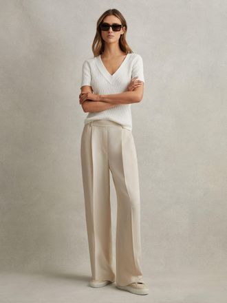 Reiss Eden Wide leg Trousers Plain, Cream Size: 16R