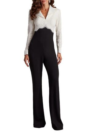 Tadashi Shoji Cotton Blend Lace & Crepe Jumpsuit in Ivory/Black at Nordstrom, Size 4