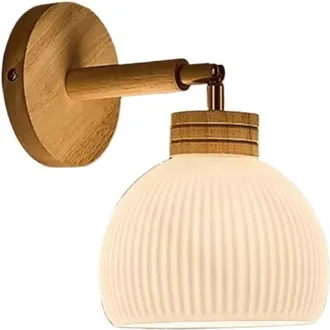 OEM Aplique De Pared Moderno En Madera Maciza Y Cristal Blanco Lechoso Acanalado, L&aacute;mpara De Mesilla De Noche Minimalista De Estilo Retro (para Dormitorio