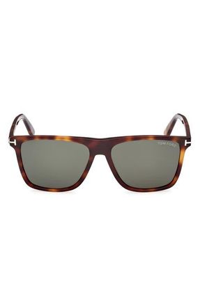 Tom Ford Fletcher 57mm Polarized Square Sunglasses in Blonde Havana /T Logo /Green at Nordstrom