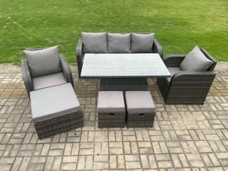 Fimous Outdoor Rattan Furniture Garden Dining Set Rising lifting Table & Chair Set With Lounge Sofa 3 Footstools in Dark Grey