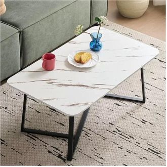Trade Shop Trade Shop - Mesa De Centro Rectangular Baja Con Efecto De M&aacute;rmol Patrones Cruzados Para Sala De Estar Sala De Estar - Blanco
