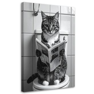 Feeby Cuadro En Lienzo, Gato Gracioso Leyendo El Peri&oacute;dico En El Ba&ntilde;o En Blanco Y Negro, 80x120