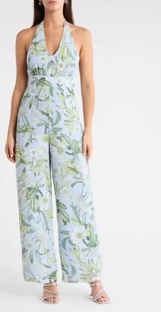 Sugarlips Serenade Bloom Halter Jumpsuit in White-Greens at Nordstrom, Size X-Small