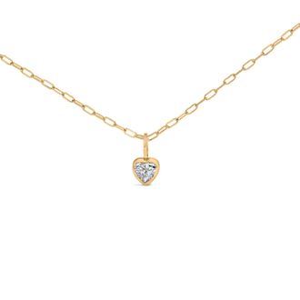 House of Brilliance 14K Yellow Gold 1/5 Cttw Heart Diamond Bezel Set Solitaire Pendant Necklace with Paperclip Chain