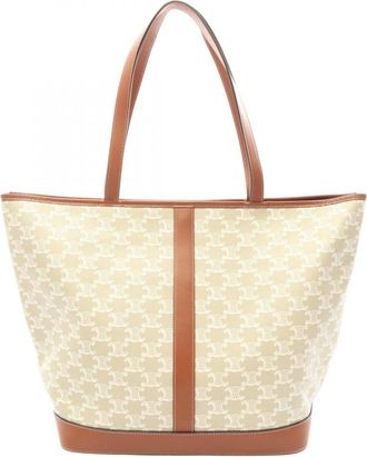 Celine Beige Brown White Coated Canvas Leather Handbag Tote Bag (Pre-Owned)