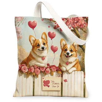 Generic Valentines Day Corgi Dog Canvas Tote Bag for Shopping 13x15, Farm Couple Puppy Reusable Grocery Print Pattern Bag for Women, Pet Beach Aesthetic Paint