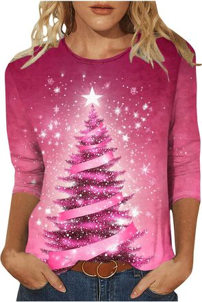 Generic Ugly Christmas T Shirts for Women Light Up Christmas Tree Printed Tops Oversized Pullover 3/4 Sleeve Tunic Tees Novelty Sparkly Xmas Graphic Shirt Nov