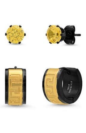 Steeltime Mens Two Tone Cubic Zirconia & Greek Key Stud & Hoop Earring Set in Gold at Nordstrom Rack