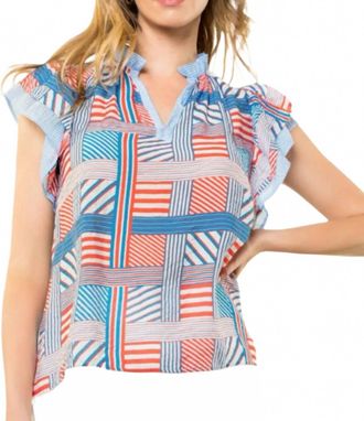 THML Clothing Flutter Sleeve Striped Top In Blue