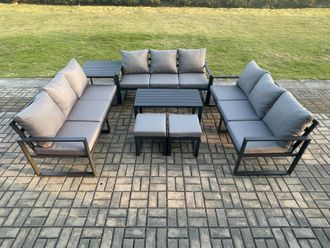 Fimous Aluminium 11 Seater Outdoor Garden Furniture Set Lounge Sofa Oblong Coffee Table 2 Small Footstools Side Table Sets with Cushions Dark Grey