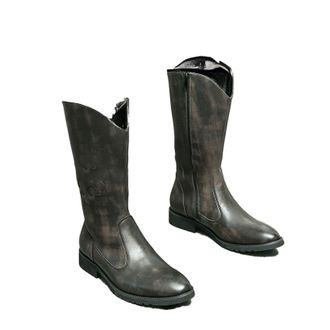 Generic Mens PU Leather Mid-Calf Cowboy Boot with Side Zipper Round Toe Western Long Boots Low Block Heel Casual Boots,Black,8.5 UK