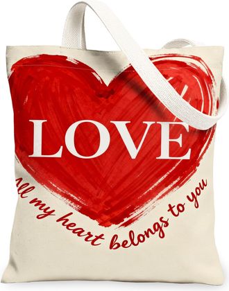 Generic ValentineS Day Heart Canvas Tote Bags, Love Design Reusable Grocery Bags, Lightweight Washable Shoulder Strap Canvas for S, Red, 13x15 Inch