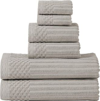Superior Highly Absorbent 6Pc Solid And Checkered Border Cotton Towel Set