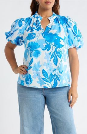 Sugarlips Darian Floral Ruffle Top in White Blue Combo at Nordstrom, Size 1 X