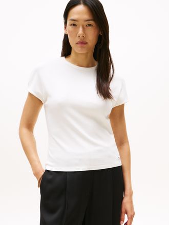 Tommy Hilfiger Kurzarmshirt TOMMY HILFIGER 5X2 RIB SLIM C-NK CAP SLV TEE, Damen, Gr. XXXL(46), beige (ivory silk), Single Jersey, Obermaterial: 95% Viskose, 5% Elast