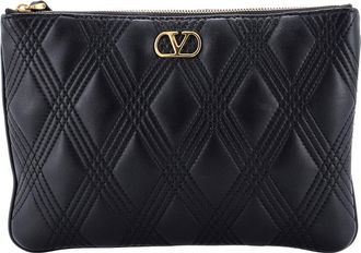 Valentino Black Quilted Leather Quiltie 67 Zip Pouch Medium (Authentic Pre- Loved)