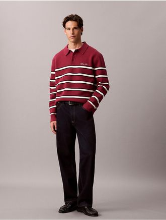 Calvin Klein Jeans Calvin Klein Mens Cotton Stretch Stripe Polo Sweater - Red - XL