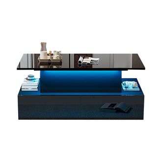 STILVORA Mesa De Centro Con 4 Cajones Y Led Usb, Tablero Superior Deslizante Extra&iacute;ble, Negro Brillo Moderno, En Tablero De Part&iacute;culas, 90&times;55&times;41 Cm, Negro
