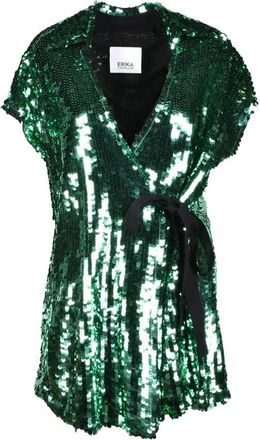 Erika Cavallini Semi Couture Short-Sleeved Sequin-Embellished Blouse with Wrap Tie