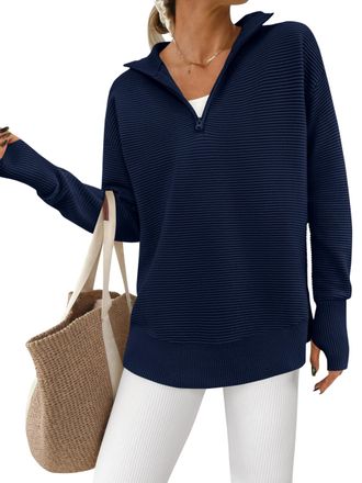 PrettyGarden Womens Long Sleeve Quarter Zip Pullover Sweater Casual Loose V Neck Collared Ribbed Knit Jumper Tops Thumb Hole, Navy, M