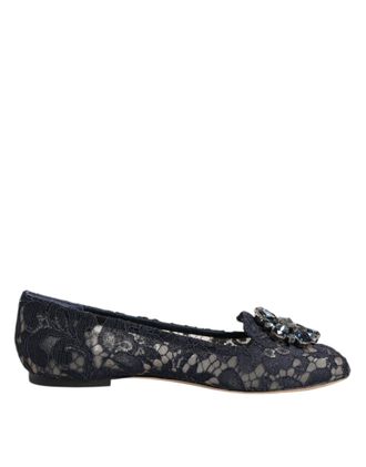 Dolce & Gabbana Blue Taormina Lace Crystals Flats Womens Shoes