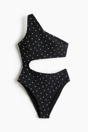 H&M Padded-cup One-shoulder Swimsuit in Black/polka Dot at Nordstrom, Size X-Small