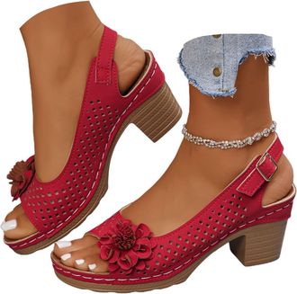 Generic Block Heel Sandals for Women Open Toe Ankle Strap Chunky High Heels Foral Sandals Casual Hollow Out Summer Dressy Sandal Slingback Chunky Block Heel D
