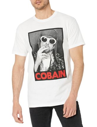 Fea Mens Kurt Cobain Black and White Photo T-Shirt, White, Large